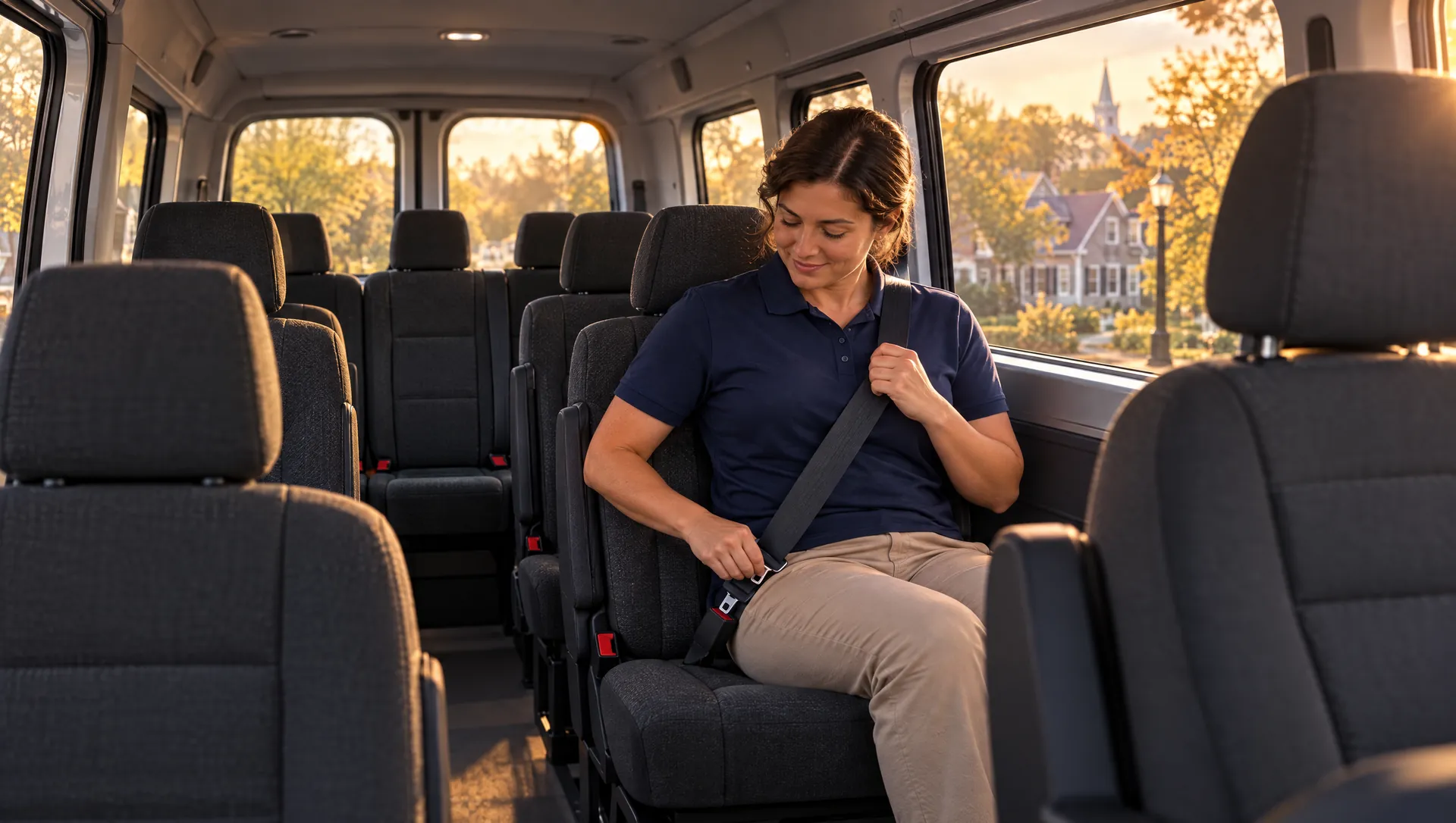 A monitor fastens their seat belt in the second row