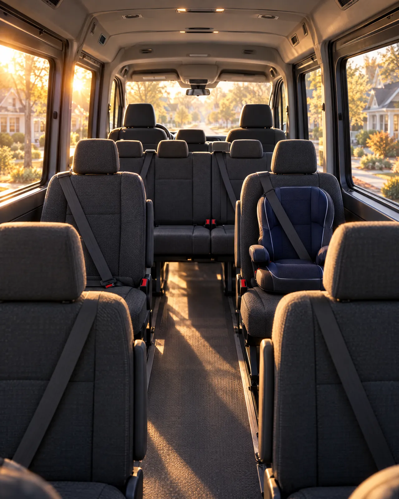 The clean, empty cabin of the van in morning light