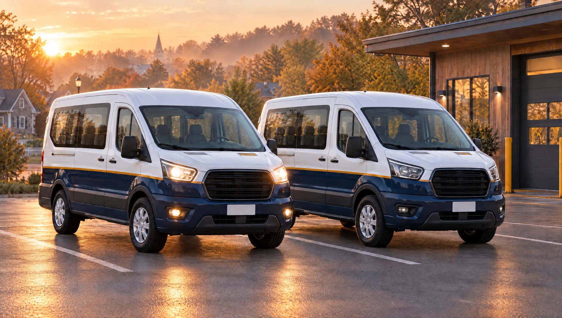 The primary and backup vans parked side by side at dawn